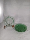 Vntg Green Clear Depression Bread & Butter Plates w Etched Leaf Set of 6