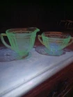 Glows,Blue Anchor Hocking Mayfair Open Rose depression glass sugar w cream set