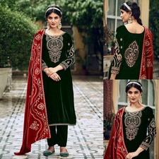 DRK GREEN VELVET w EMBR INDIAN PAKISTANI READYMADE LADIES SALWAR KAMEEZ SUIT SNJ