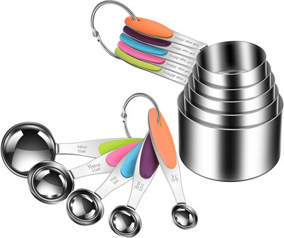 10-Piece Measuring Cups and Spoons Set, 304 Stainless Steel with Color-Coded Sil
