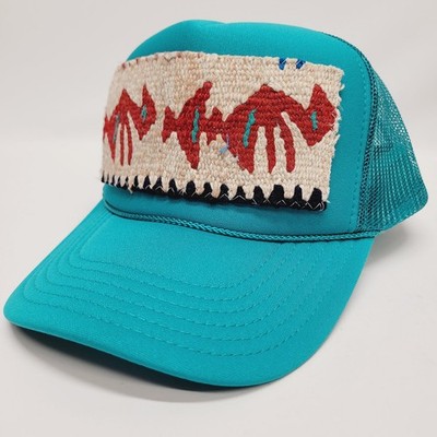 Turkish Kilim Rug Woven Patch Teal Blue Mesh Trucker Hat Adjustable NEW