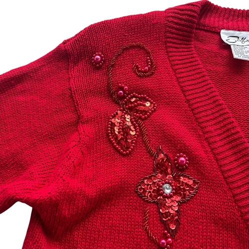 Seiberts Womens M Red Floral Beaded Sequin Knit Vintage Grandma Sweater Cardigan - Picture 6 of 23