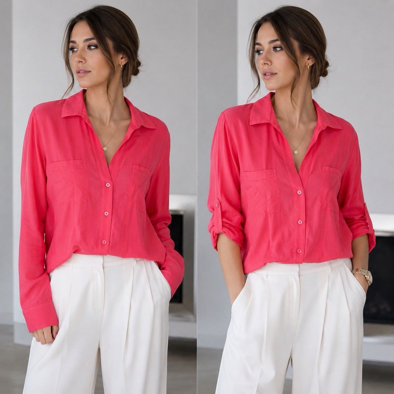Tommy Bahama 100% Silk Pink Button Front Roll Tab Sleeve Blouse Size S