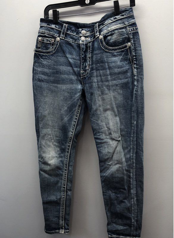 Miss Me Women's Curvy Ankle Skinny Jeans Blue Distressed Embroidered Studded 29