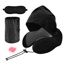 Hooded Travel Neck Pillow, Memory Foam U Shaped Neck Support Pillow with Earp...