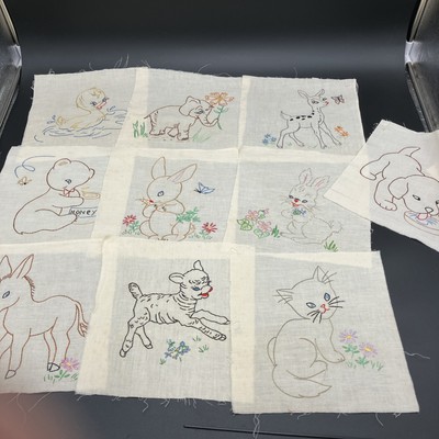 Hand Embroidered Panels 10 6''x8'' Chick Duck Cat Rabbit Dog Etc