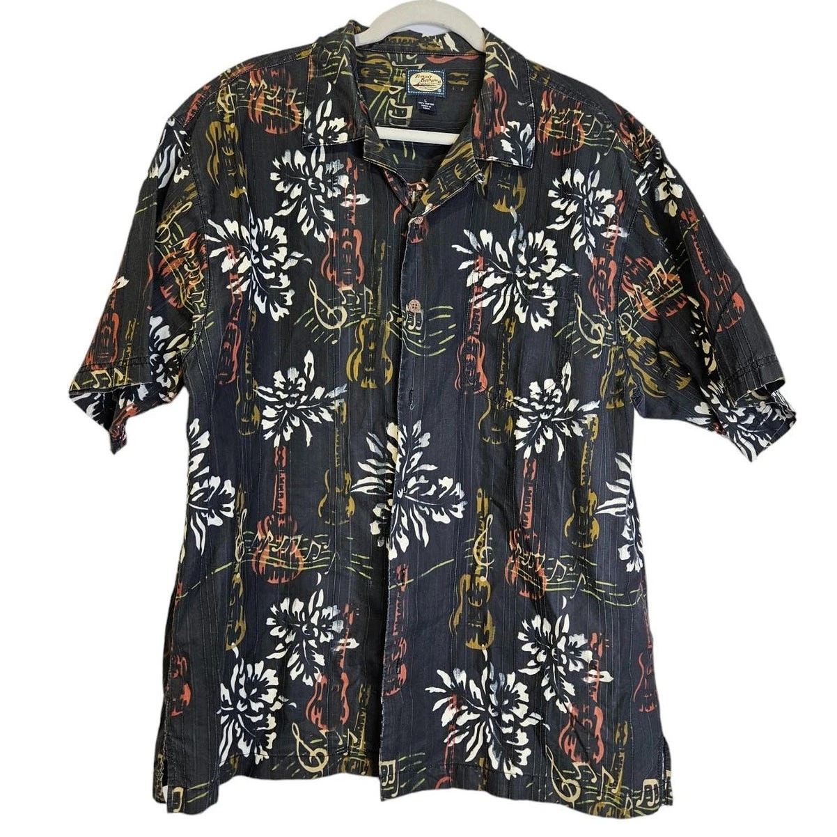 Tommy Bahama L Black Hawaiian Button Front Shirt Hibiscus Music Note Cotton