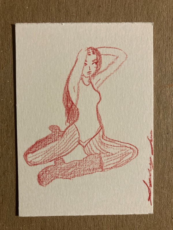 ACEO original art fashion red model pose colored pencil 2.5x3.5 by sydsfineart