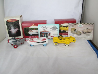 3 Hallmark Kiddie Car Classics Ornaments Jolly Roger Boat Plane Dump Truck 