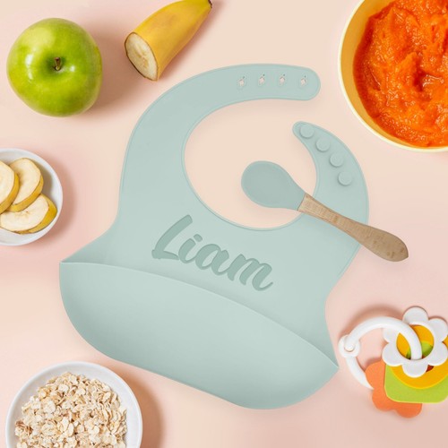 Pechera de silicona personalizada para niños pequeños Pechera personalizada para bebés con receptor de alimentos + cuchara - Imagen 17 de 24