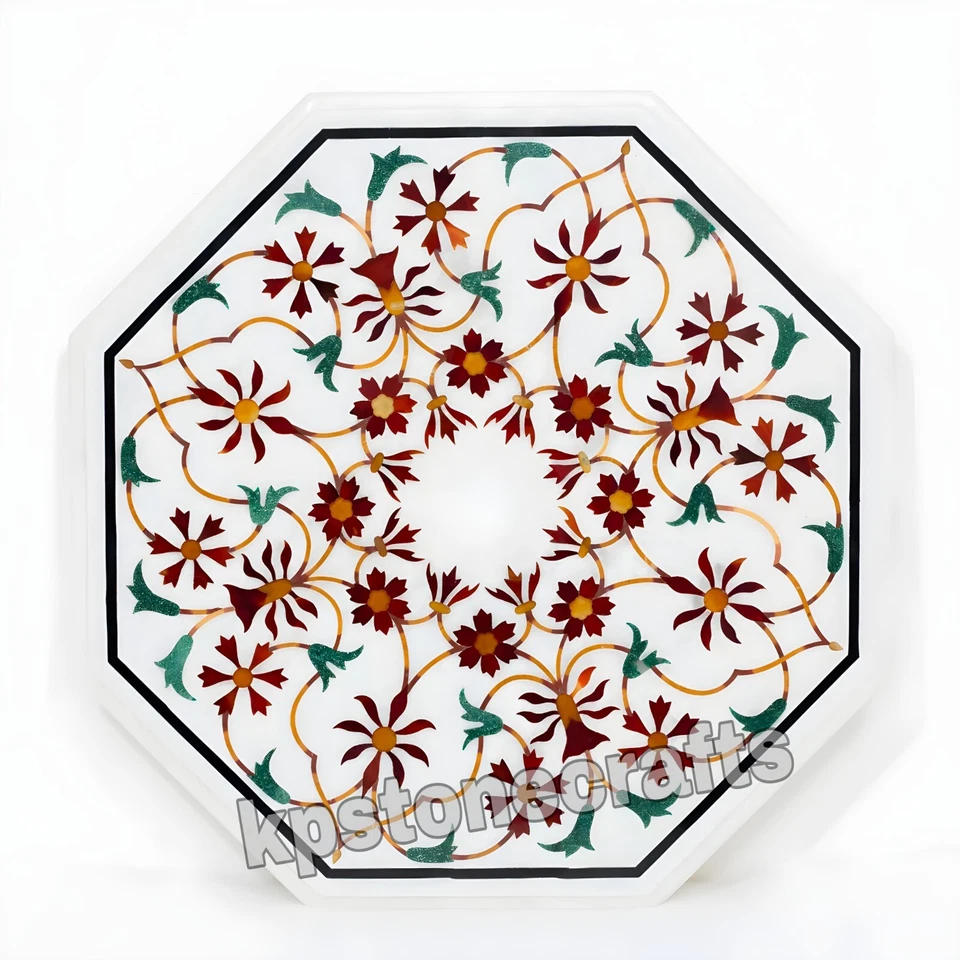 Handmade White Marble Inlay Tabletop 20"x20" – Semi-Precious Stone Design - Image 2 of 4