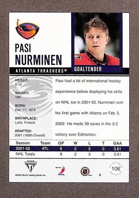 2001-02 Titanium Draft Day Edition #106 Pasi Nurminen Rookie Gold /780 - Image 2 of 3