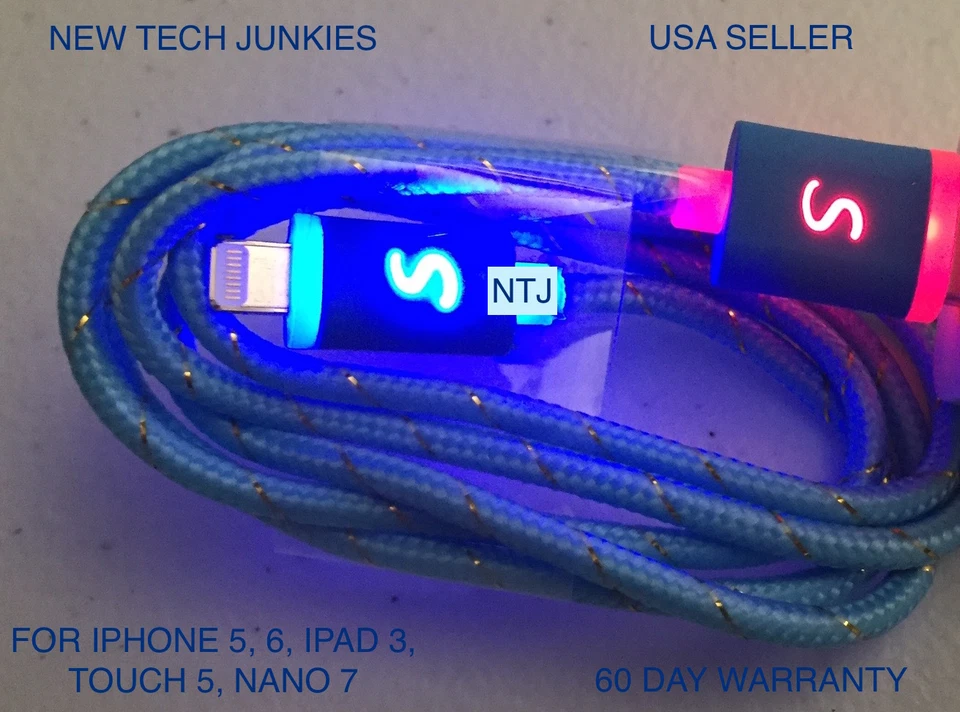 NTJ FLASH BRAIDED LED light-up power charger cable for iPhone 7 6 5 4s micro USB - Image 3 of 4