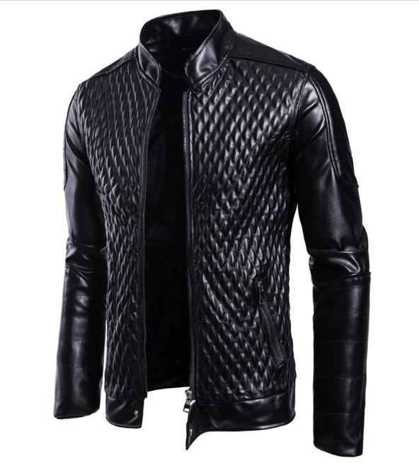Men Classic Diamond Stitch Slim fit Leather Jacket, Biker Black