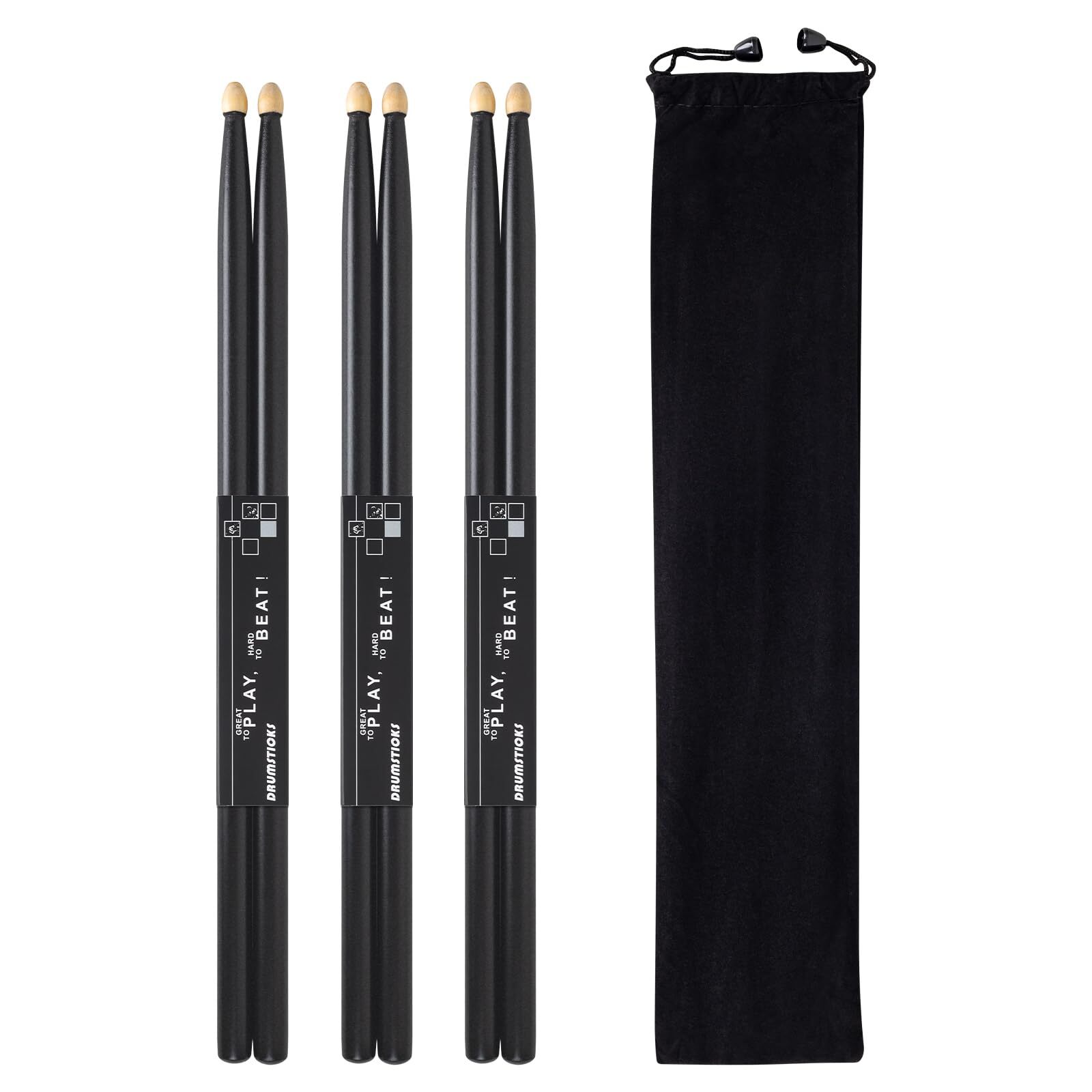 Drum Sticks, 5A Drumsticks Black Hickory Wood Drumsticks With Storage Bag, 3 ...