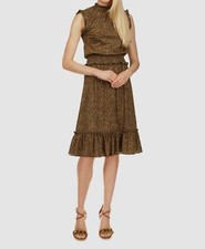 $126 Michael Kors Women's Brown Cheetah Print Smocked A Line Dress Size XS