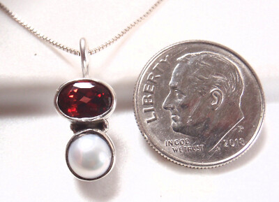 Very Tiny Cultured Pearl and Garnet 925 Sterling Silver Pendant