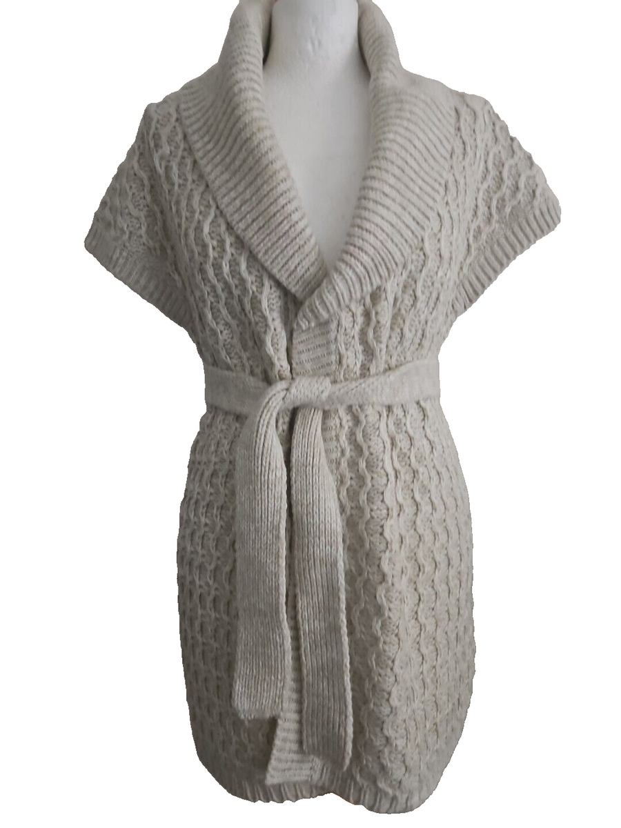 Evie Beige Cable Knit Gilet Open Cardigan Shawl Collar Tie Belt 12