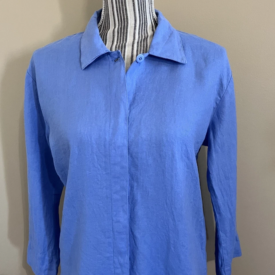 Top túnica Jams World para mujer azul 100 % lino manga 3/4 abotonada Lagenlook S Foto 2 de 4