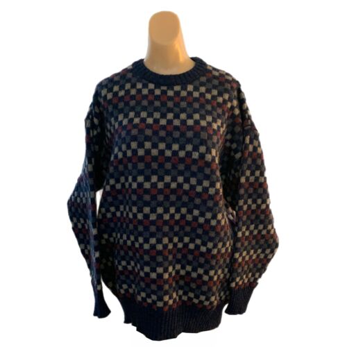 Preswick Moore Large Wool Sweater Mens Blue Check Scotland Vintage Retro - Picture 1 of 7