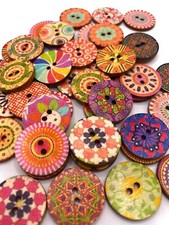 20mm Round Shabby Chic Vintage Buttons 2 Hole Mixed Pattern Wooden Sewing