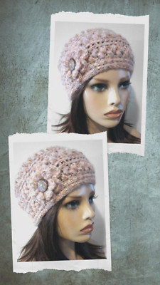 crochet womans handmade flower hat beanie wool blend blush pink puffs USA