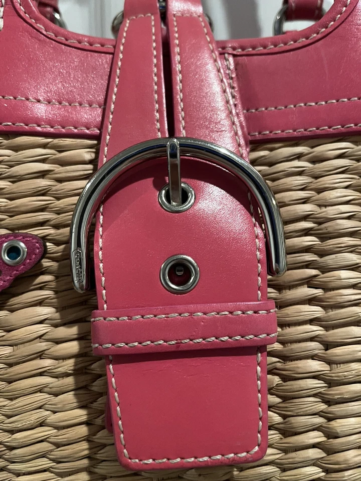 Bolso de Mano Coach Parche Mariposa Mimbre/Paja y Cuero Borde Doble Asa Foto 3 de 4