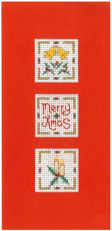 Merry Xmas card cross stitch kit on sparkly 14 aida with 3 windows