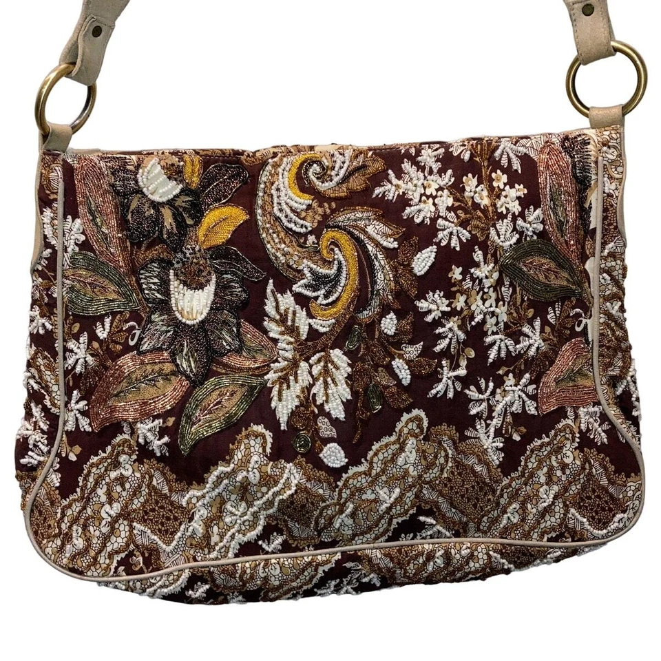 Cristiana Bolso Mensajero con Cuentas Cartera Boho Cachemira Marrón Amarillo Tostado Dorado Foto 3 de 4