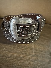 NWT Roper Women  s Cognac Hand Tooled Floral Design Genuine Leather Belt, Size L
