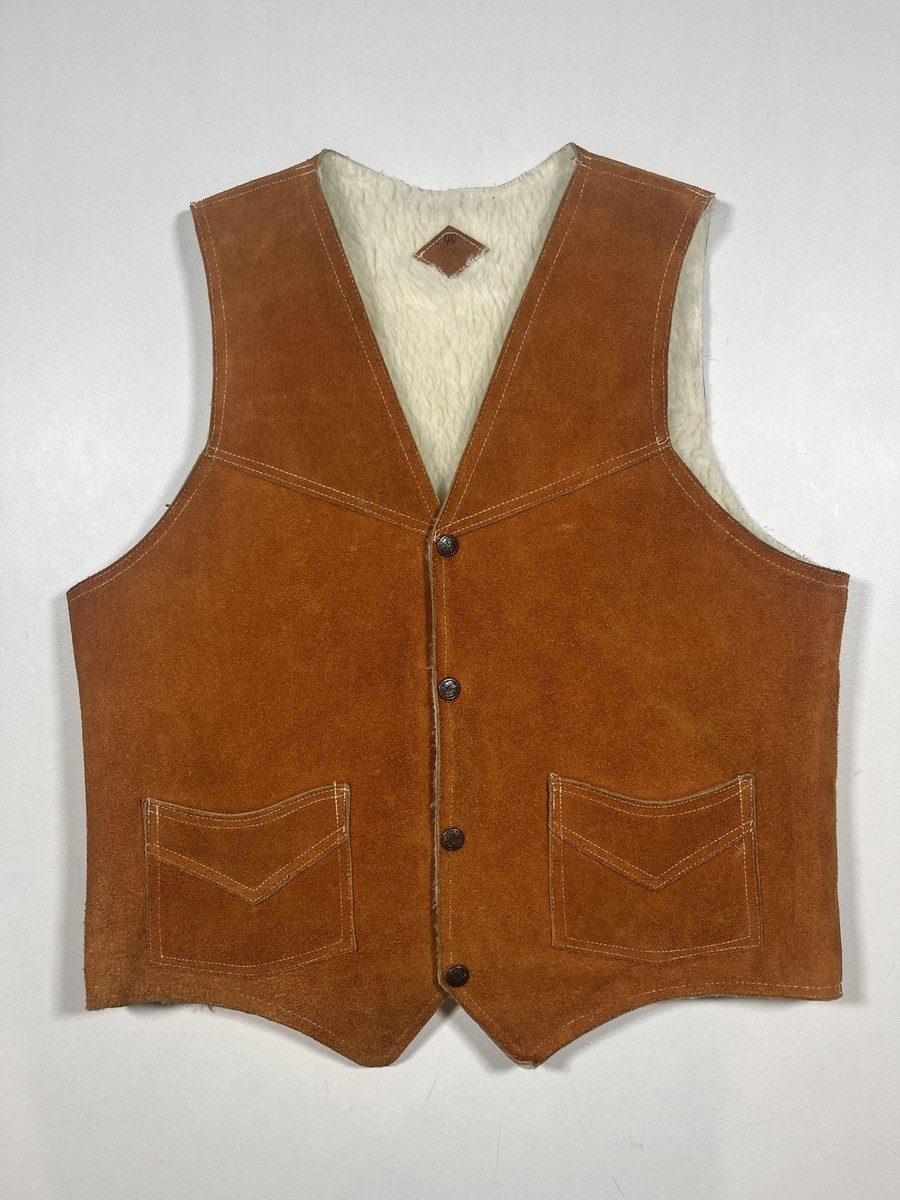 Vintage Suede Vest Mens 40 Brown Faux Fur Lined Western Cowboy 70s 
