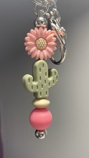 Hand Beaded Keychain Pink Green Flower Cactus Resin Beads