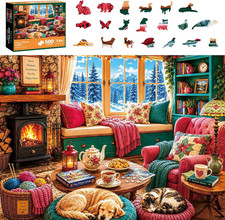 500 Piece Jigsaw Puzzle, Cozy Winter Cabin, 20 Animal-Shaped Pieces