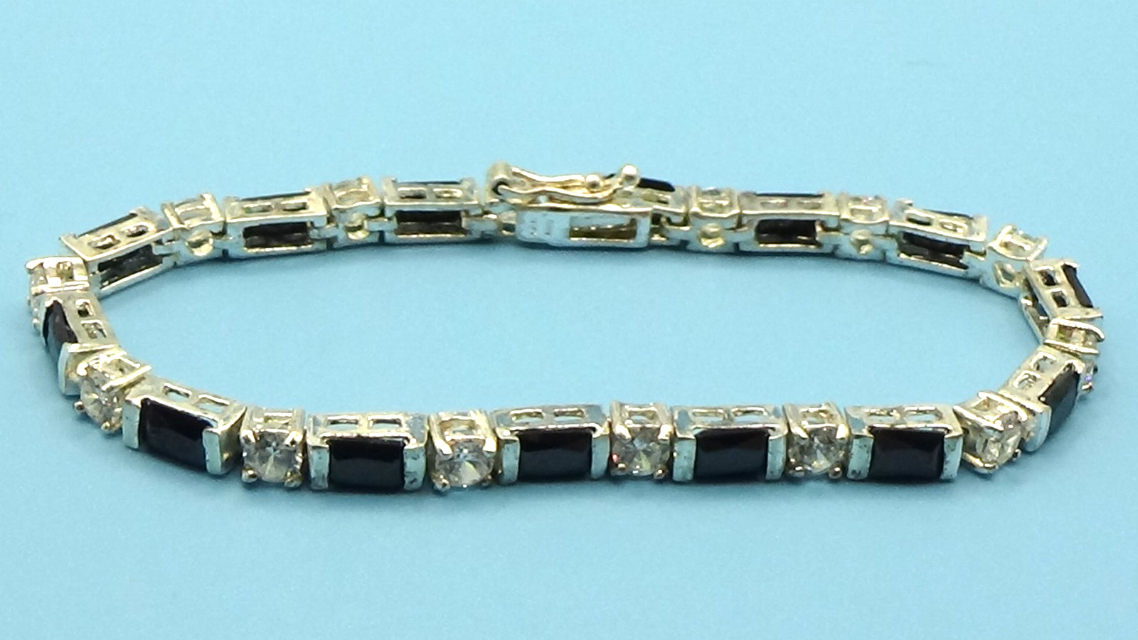 Sterling Silver Tennis Bracelet W/ Alternating Clear & Black Baguette-cut Stones