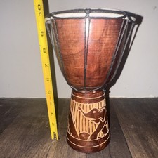 Mini Wooden Djembe Drum Reddish Brown Hand Carved Elephants Black Rope Decor