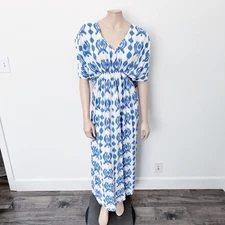 World Market Sz L/XL Blue Geometric Print Kaftan Coverup Short Sleeve Maxi Dress