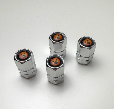 4er SET REIFENVENTIL STAUBKAPPEN - BÄR - SILBER / SCHWARZ / ORANGE