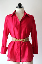 MNG Mango Hot Pink Shimmer Sheer Mother of Pearl Button Shirt Blouse Top Women 4