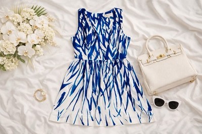 MILLY Blue White Abstract Racerback Dress Pockets USA Size 2