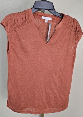 pale sky Emilie short sleeve split neck knit top burnt orange XS NWT