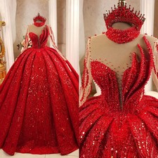 Red Ball Gown Wedding Dresses Beaded Crystals Pearls Lace Bridal Gowns Big Size