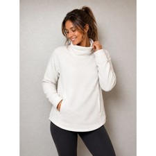 Athleta Womens Medium Ivory Fleece Cowl Neck Pullover Zip Pocket Sweatshirt