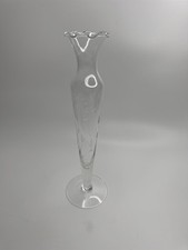 Clear Glass Etched Floral Pattern Footed Glass Bud Vase 10" Tall