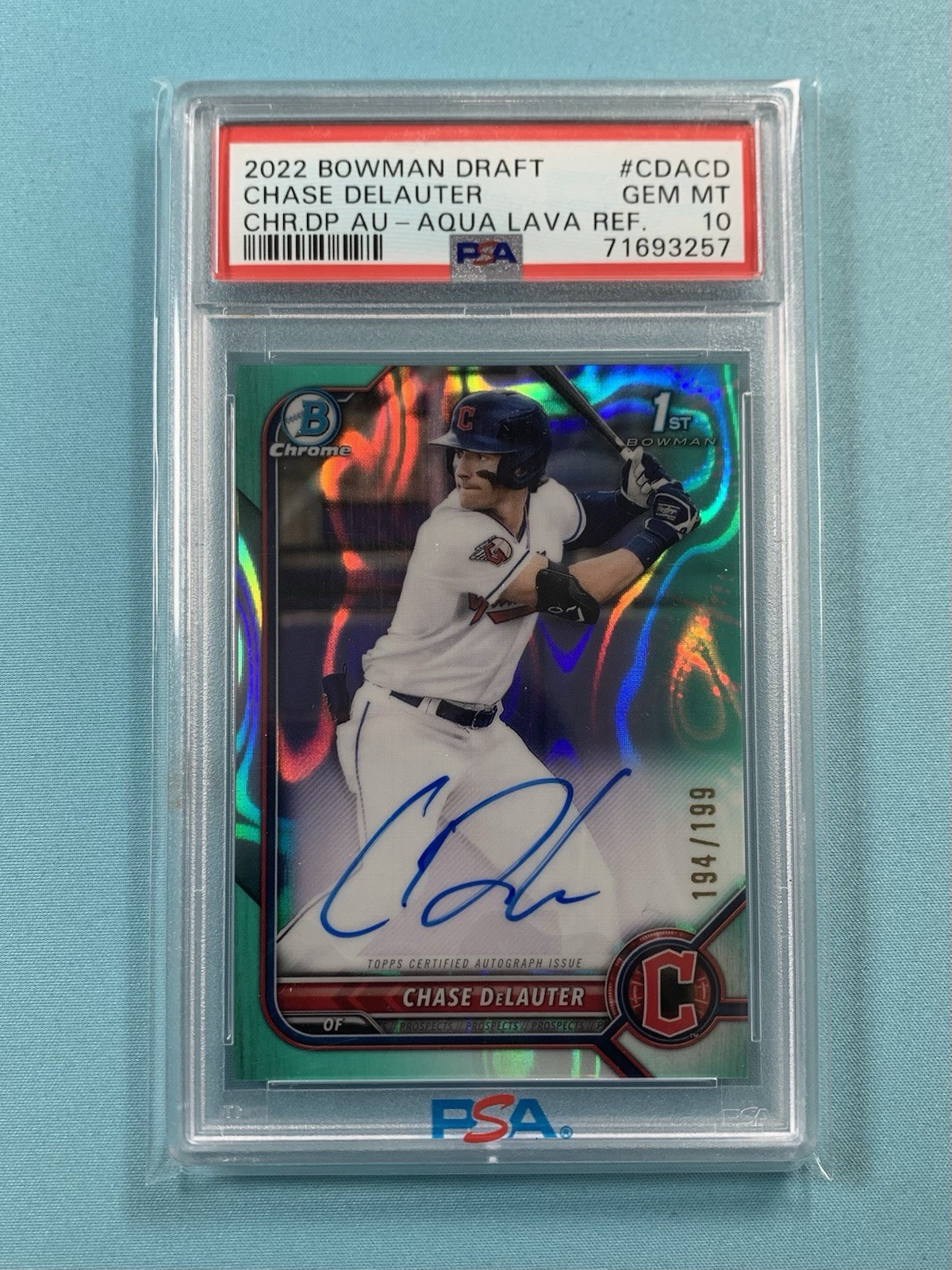 Chase Delauter 2022 1st Bowman Chrome Aqua Lava Refractor Auto /199 PSA 10