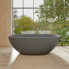 65" Freestanding Stone Resin Bathtub, Matte Gray Soaking Tub w/Overflow, Drain
