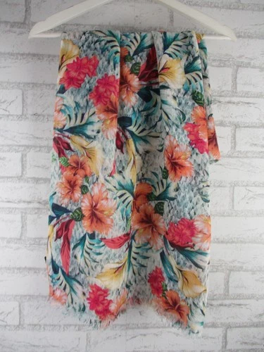 Mimco womens scarf multicoloured tropical floral print fringed hem cotton mix