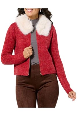 Jaclyn Smith Fashions Zipper-Front Sweater Jacket Detachable Faux Fur Collar Rhy