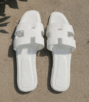 Hermès White Logo Leather Slide Sandals, Women's Designer Slip On Sandals