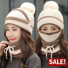 3 in 1 Womens Knit Beanie Hat Fleece Lined Winter Scarf Mask Set Snow Caps Gifts