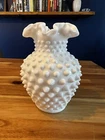 Fenton Hobnail Glass Vase White Milk Glass Ruffled Edge 5” Tall